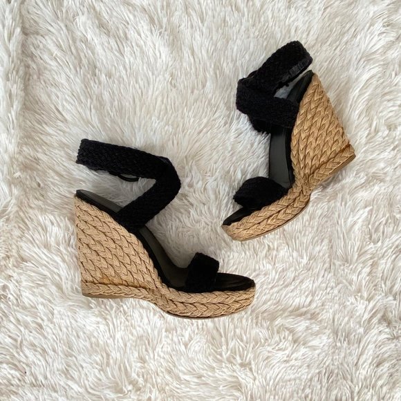 Stuart Weitzman Alex Crochet Ankle Wrap Espadrille Black Wedge Sandal Size 8